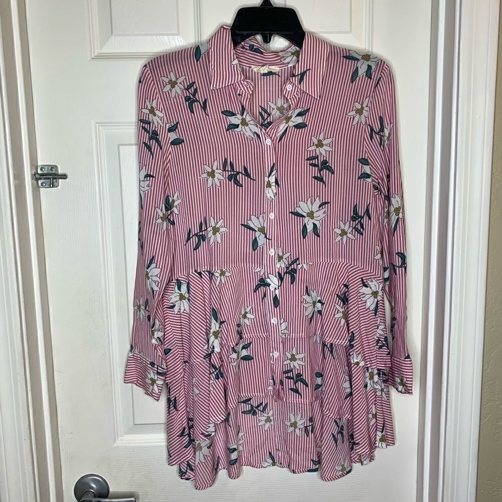 Entro Pink and White Striped Floral Button Top